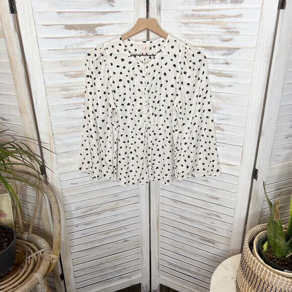 REBECCA TAYLOR 6 Spotted Animal Print Silk Top Button Placket Bell Sleeve White - Picture 14 of 14